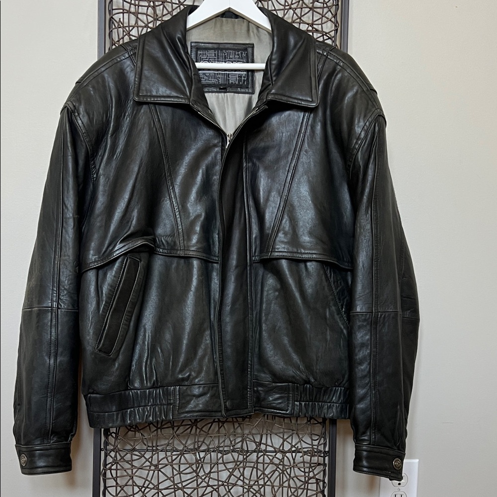 Collezion Vintage Oversized Distressed Black Genuine Leather Bomber Jacket XL